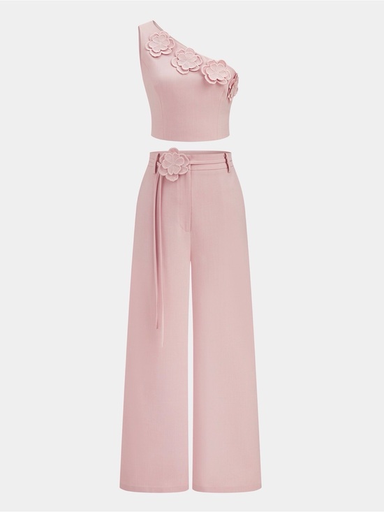 Commense Pants - Commense Set - 3D One-Shoulder Floral Applique Crop Top & Wide-Leg Pants Set